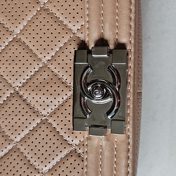 CHANEL Boy Bag Perforated Lambskin Quilted Leather Silver Tan w/Card - Picture 4 of 17